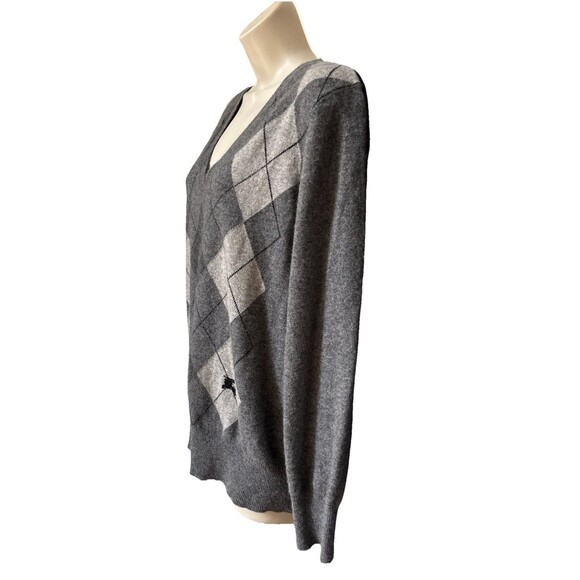 Burberry London Size Large Cashmere Classic Argyle Gray V-Neck Sweater Logo - Picture 4 of 12